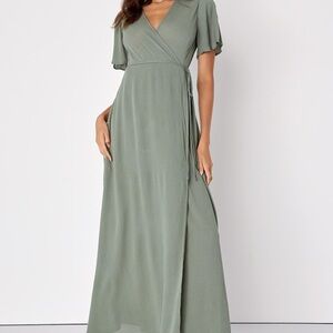 Lulus Much Obliged Washed Olive Green Wrap Maxi Dress
